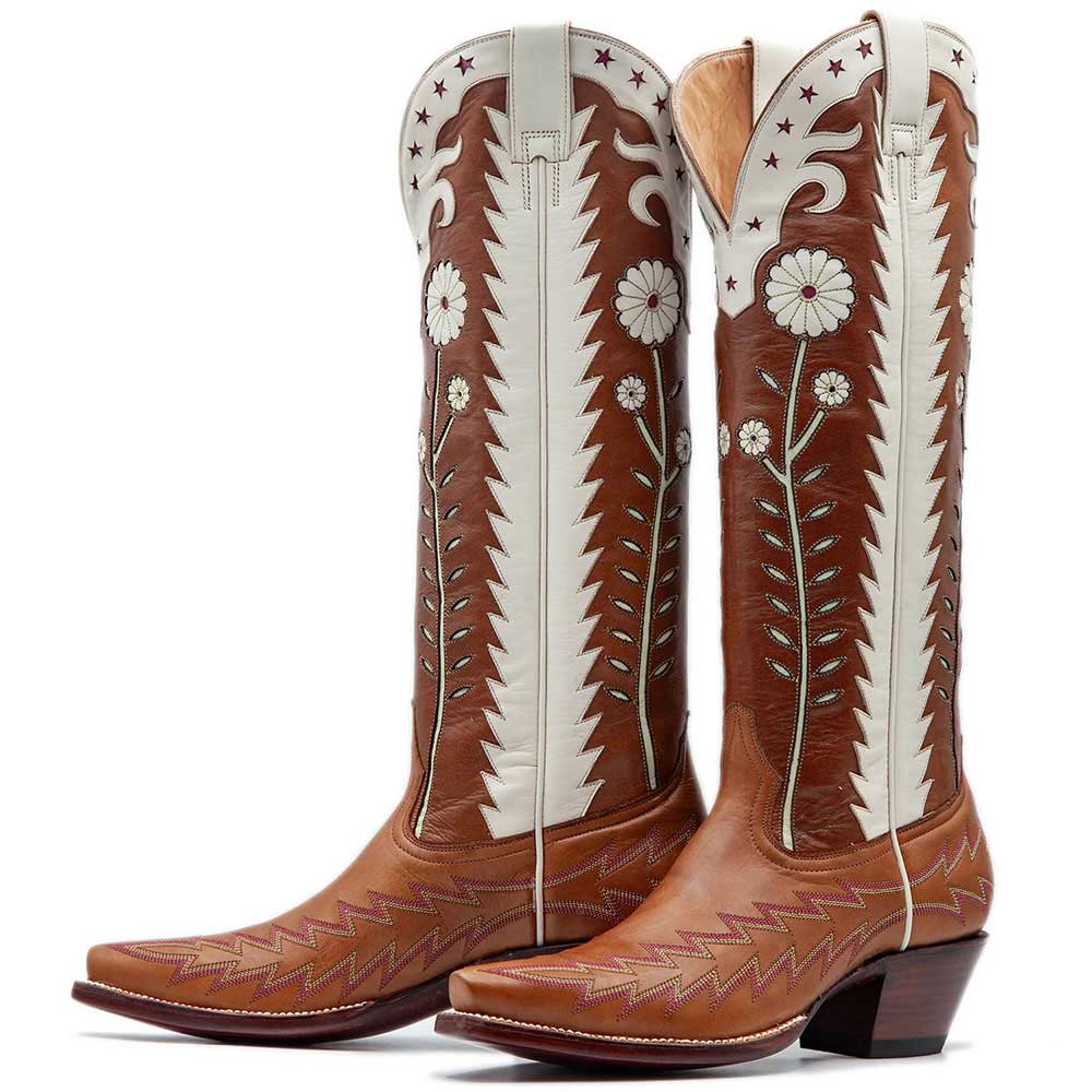 Brown & White Embroidered Flower Inlay Knee High Heeled Cowgirl Boots Brown & White Embroidered Flower Inlay Knee High Heeled Cowgirl Boots