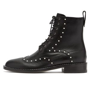 Black Wingtip Pearls Studded Low Heel Lace Up Ankle Boots for Women