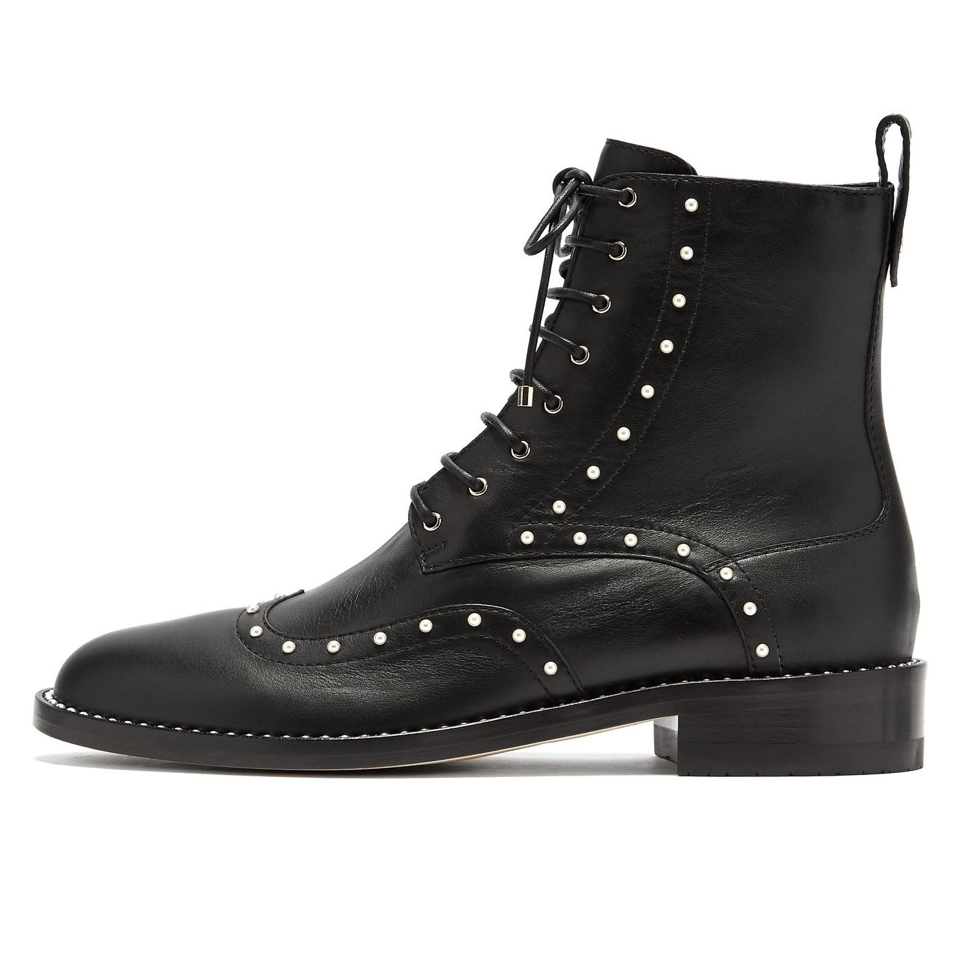 Black Wingtip Pearls Studded Low Heel Lace Up Ankle Boots for Women Black Wingtip Pearls Studded Low Heel Lace Up Ankle Boots for Women