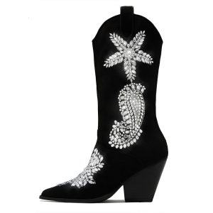 Chic Pointed Toe Heeled Rhinestone Mid-Calf Cowgirl Boots in Black