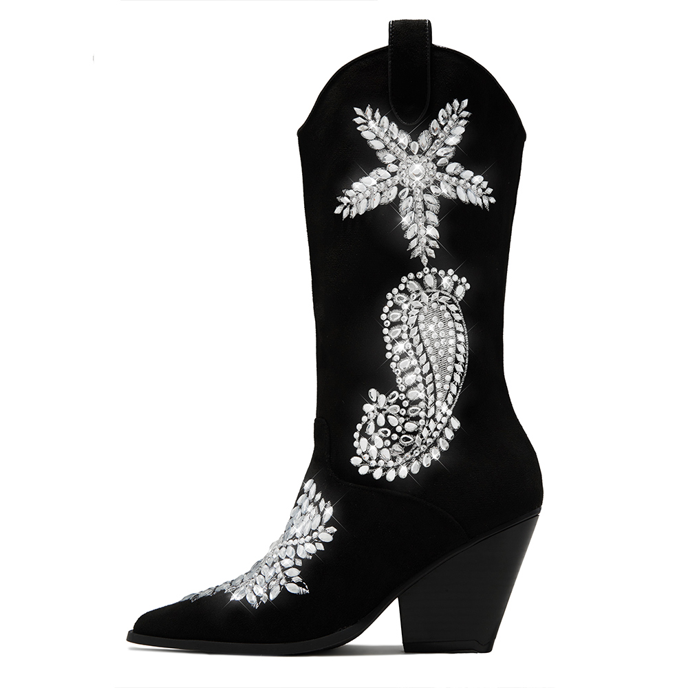 Chic Pointed Toe Heeled Rhinestone Mid-Calf Cowgirl Boots in Black Chic Pointed Toe Heeled Rhinestone Mid-Calf Cowgirl Boots in Black