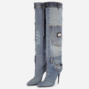 Blue Pointed Toe Stiletto Heel Pocket Over The Knee Denim Boots