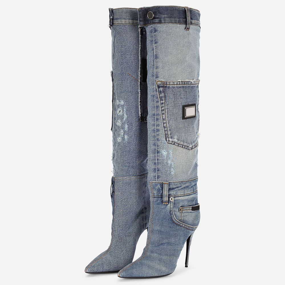 Blue Pointed Toe Stiletto Heel Pocket Over The Knee Denim Boots Blue Pointed Toe Stiletto Heel Pocket Over The Knee Denim Boots