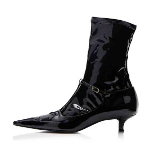 Black Pointed Toe Patent Leather Kitten Heel Buckle Mid-Calf Boots