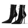 Black Pointed Toe Patent Leather Kitten Heel Buckle Mid-Calf Boots