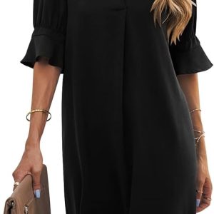 Memoriesea Women’s Elegant Casual Short Sleeve Work Party A-Line Dress with Pockets