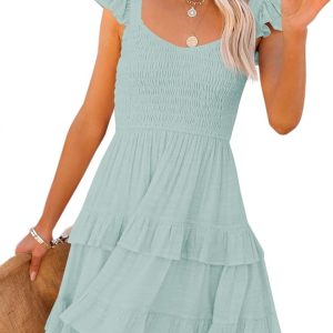 chouyatou Women’s Retro Plaid Smocked Dress Spaghetti Strap Flounce Long Dress