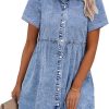 GRAPENT Denim Dress for Women Babydoll Tiered Short Sleeve Button Down Jean Shirt Dresses