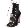 Black Wingtip Pearls Studded Low Heel Lace Up Ankle Boots for Women Black Wingtip Pearls Studded Low Heel Lace Up Ankle Boots for Women
