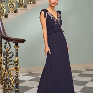 Love & Roses Navy Embroidered Ruffle Tie Detail V-Neck Maxi Dress