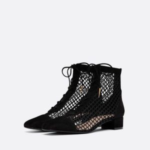 Black Nets Lace Up Summer Booties Block Heel Ankle Boots