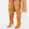 Women’s Tan Almond Toe Chunky Heel Mid-Calf Slouch Boots with Zip