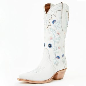 FSJ White Snip Toe Fleur Chunky Heel Mid-Calf Cowgirl Boots